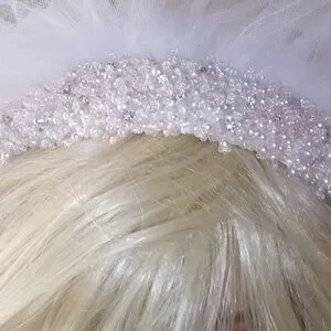 White Wedding Veil, 2 Tier Ribbon Edge Center Cascade Beaded Crystal Bridal Comb Accessories | White Wedding Veil 2 Tier Ribbon Edge Center  main image 2